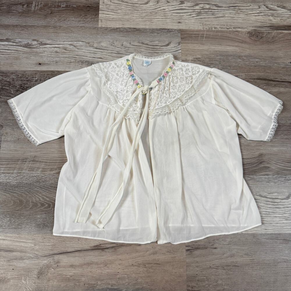 intage 60s Lace Bed Jacket Floral Embroidered Peignoir Coquette Boudoir S/M
